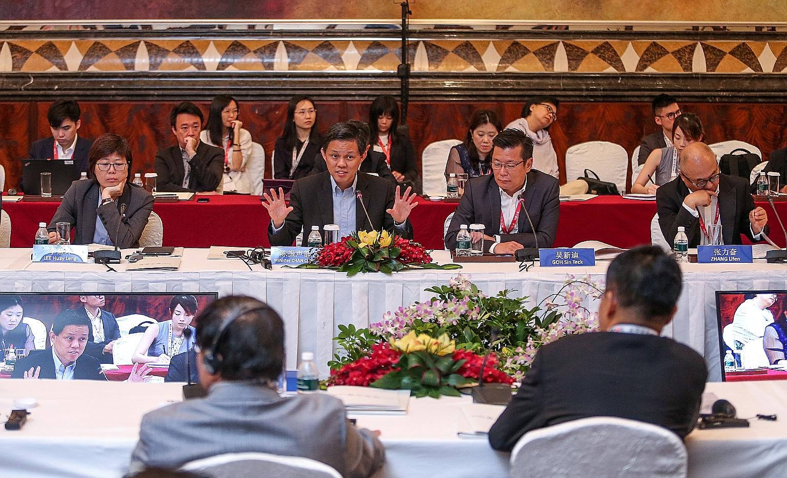 From left: Singapore Press Holdings' Chinese Media Group head Lee Huay Leng, Trade and Industry Minister Chan Chun Sing, and Lianhe Zaobao and Lianhe Wanbao editor Goh Sin Teck at the Singapore-China Forum.