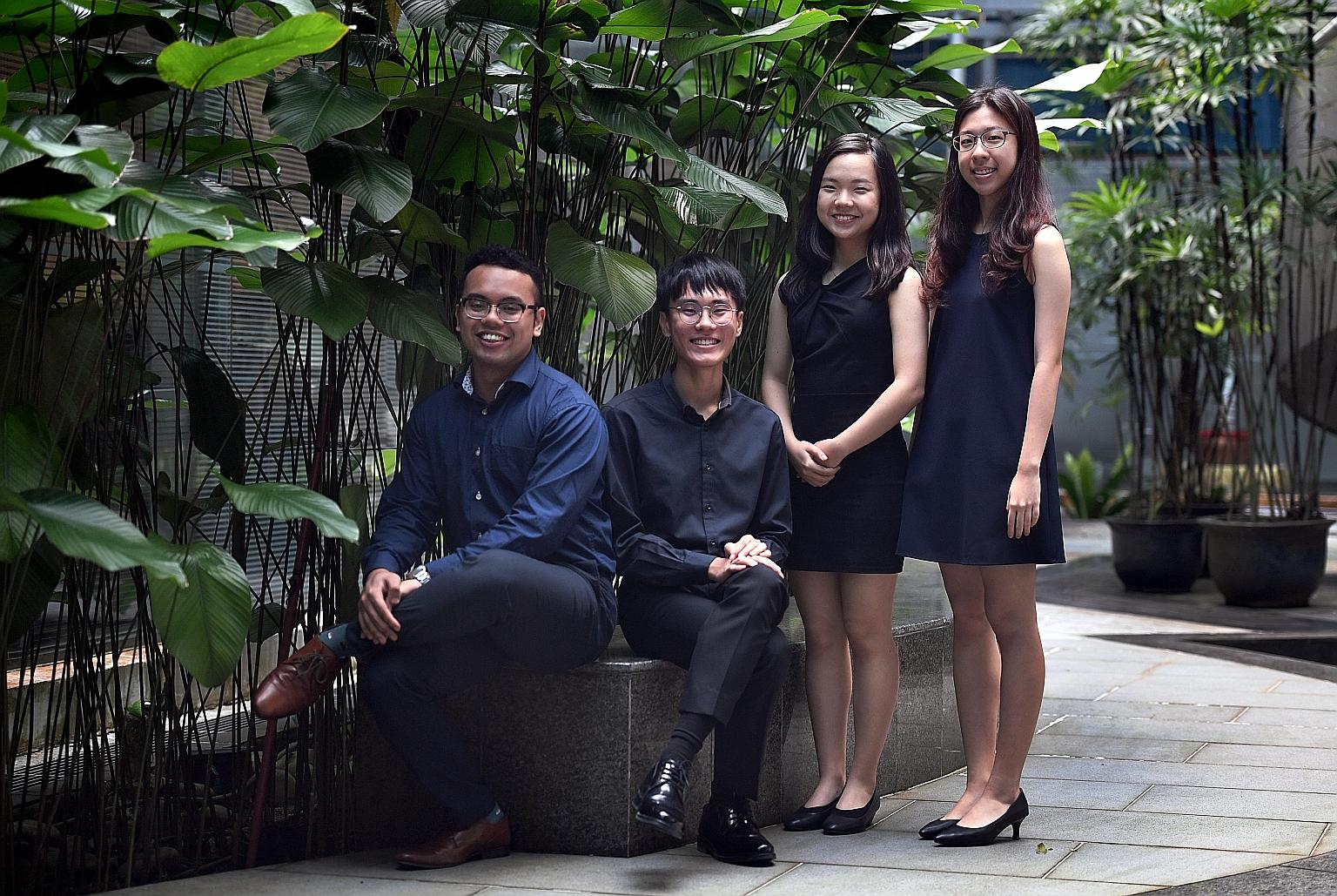 SPH scholarships for undergraduate studies were awarded to (from left): Mr Aqil Hamzah, Mr Chua Wei Qian, Ms Zhang Qianxue and Ms Crystal Heng. Two will be heading to NTU and two to NUS.