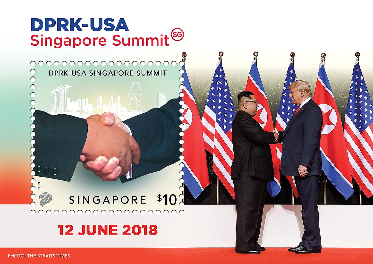 The collector's sheet, which will be launched on Friday, features a photo of the handshake between North Korean leader Kim Jong Un and US President Donald Trump taken by Straits Times photojournalist Kevin Lim in Capella Singapore's courtyard.