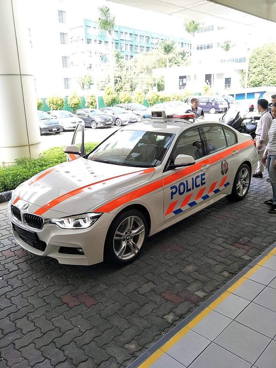 A BMW 3-series car with the police livery. Believed to be a turbodiesel 325d, it will be the first diesel-powered highway patrol car in Singapore.