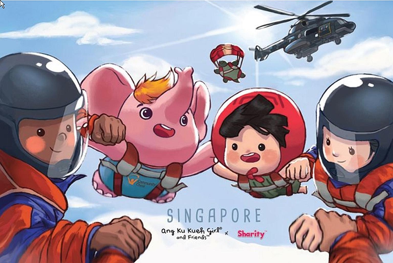 The two National Day-themed EZ-Link card designs feature Sharity and Ang Ku Kueh Girl alongside NDP crowd favourites such as the Red Lions and the Black Knights.