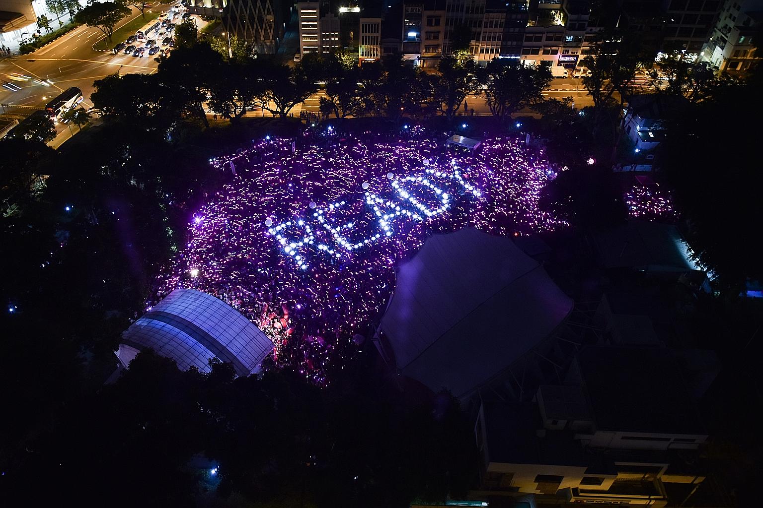 An aerial view of the pink dot that was formed during Pink Dot at Hong Lim Park yesterday. Close to 200 volunteers were involved in the organisation of the lights.