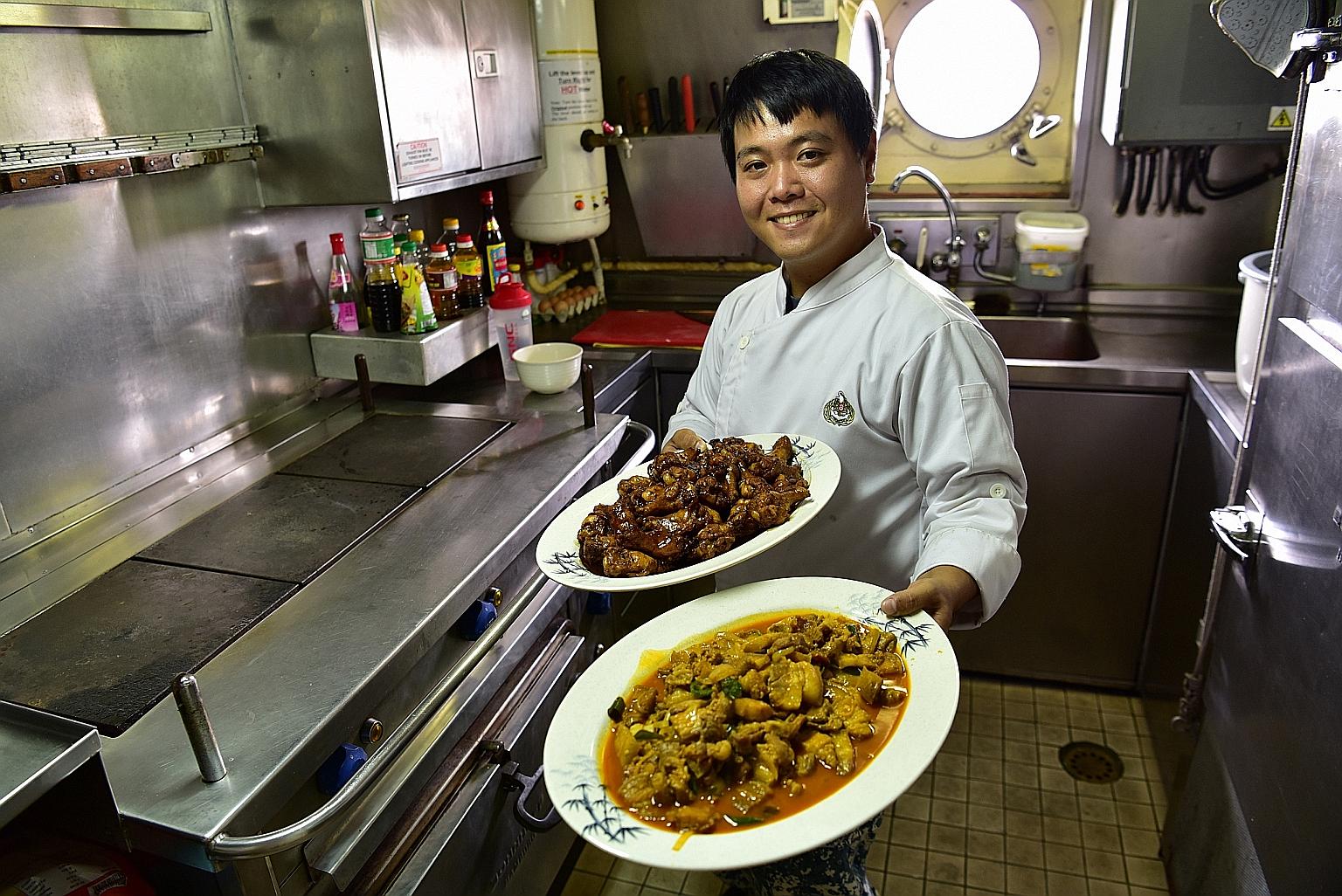 On board the warship RSS Vigour, naval chef Mark Lim also doles out lozenges and wraps up cuts when his colleagues injure themselves as he is the vessel's main first aider.