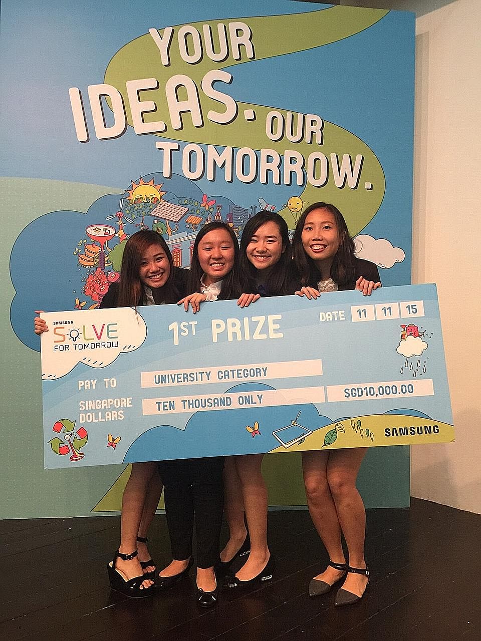Members of the NTU team Sleeping Beauty (from left), Ms Chua Yi Bei, Ms Chan Jia Hui, Ms Jade Wee and Ms Lim Mee Mee, won the university category of the Samsung Solve for Tomorrow competition in 2015.