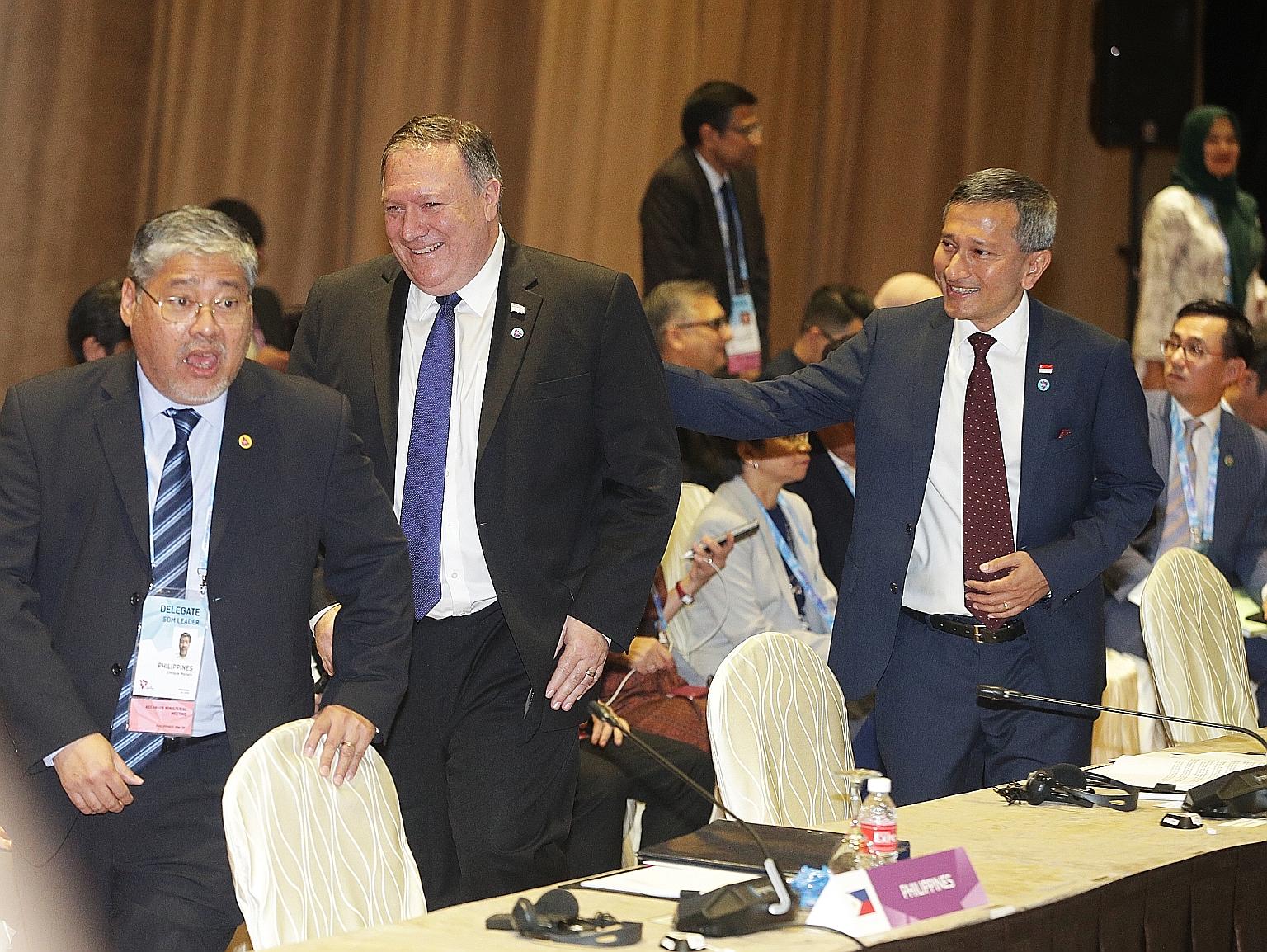 From right: Foreign Minister Vivian Balakrishnan, US Secretary of State Mike Pompeo and Philippine Foreign Affairs Undersecretary Enrique Manalo at the Asean-US Ministerial Meeting yesterday. Mr Pompeo underlined his country's continued commitment to