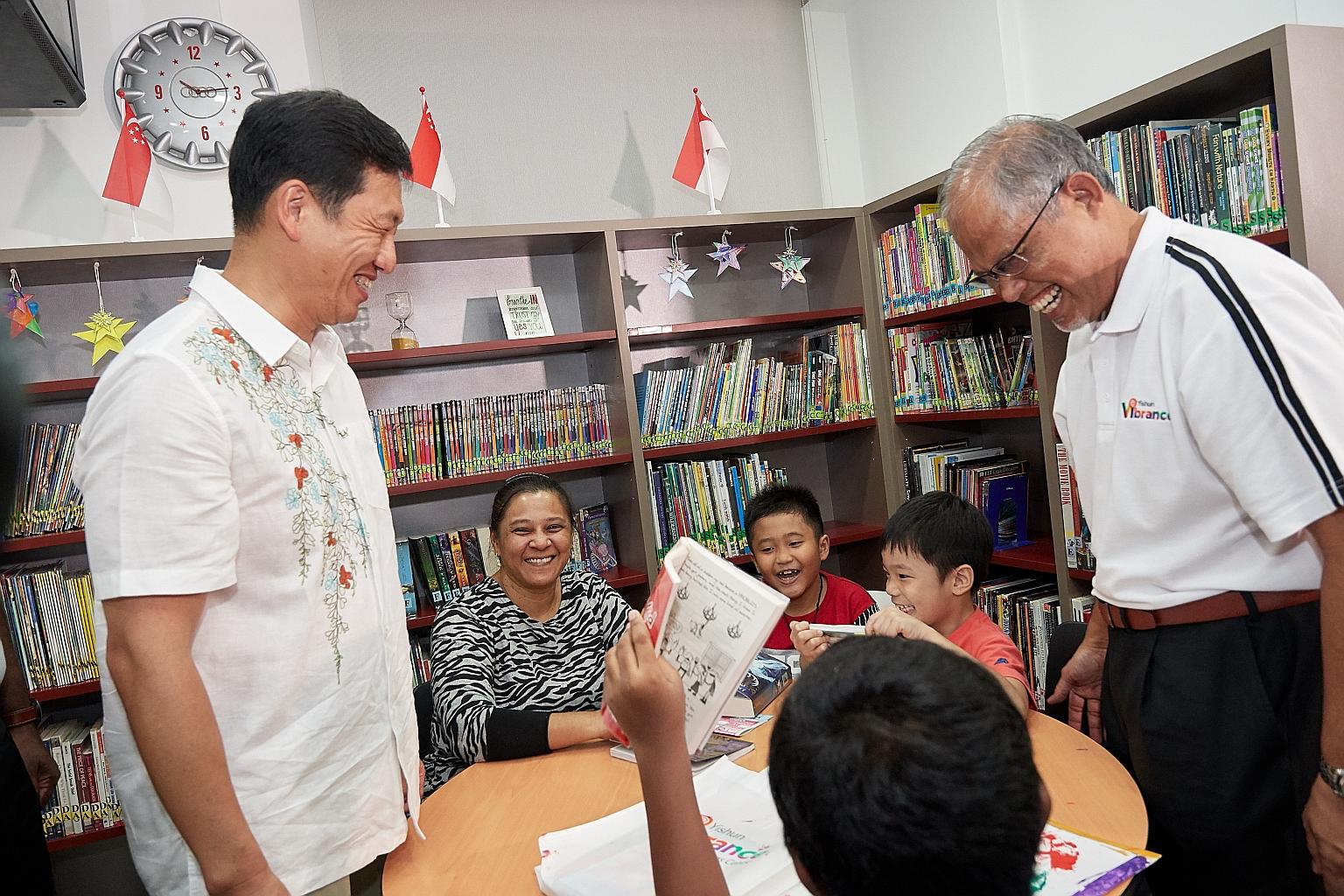 Education Minister Ong Ye Kung (left) and Environment and Water Resources Minister Masagos Zulkifli visiting the new Vibrance @ Yishun centre yesterday.