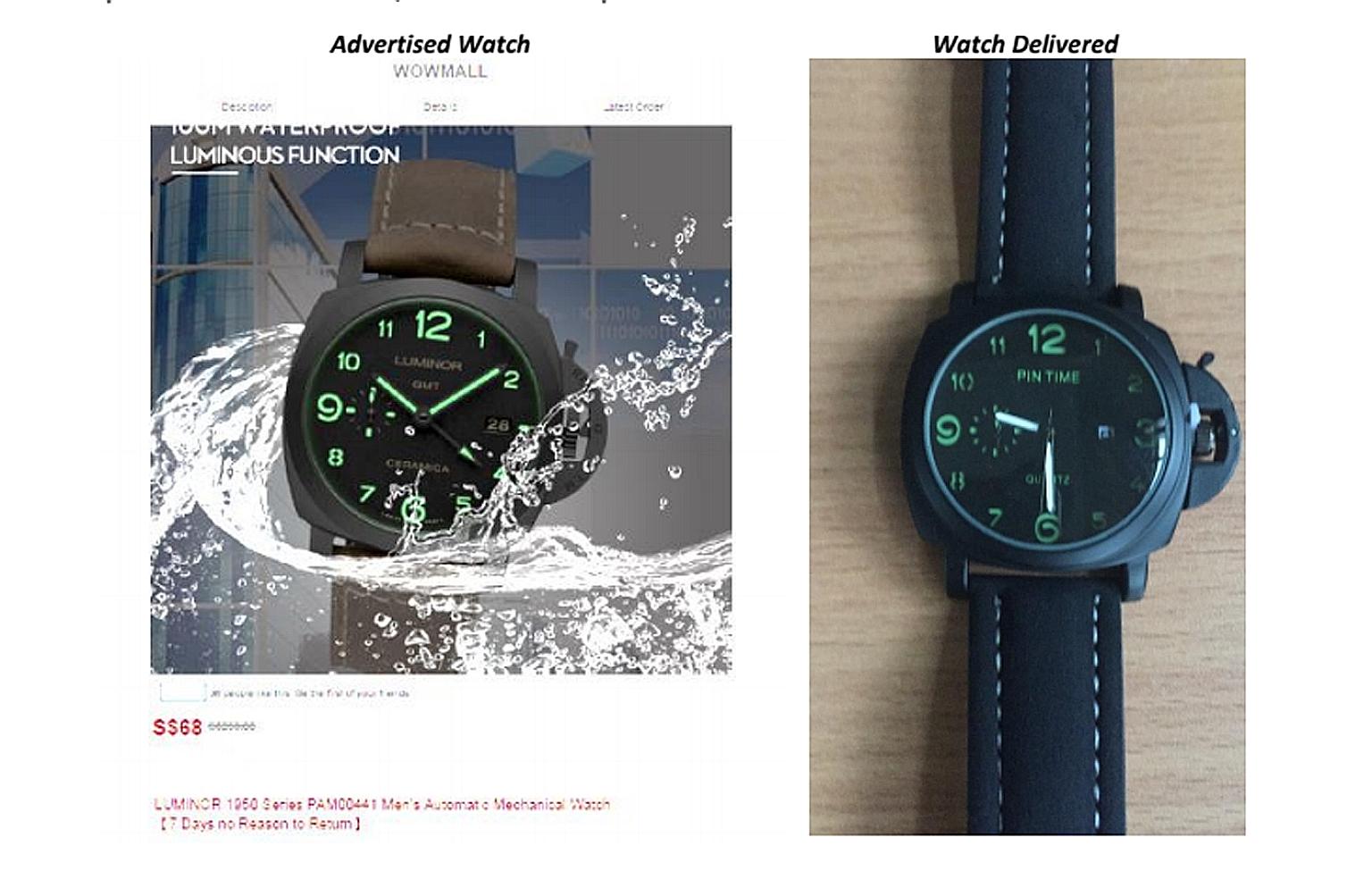 Wowmall advertised a "Luminor" watch (left), but shoppers said they received a different brand instead (right).