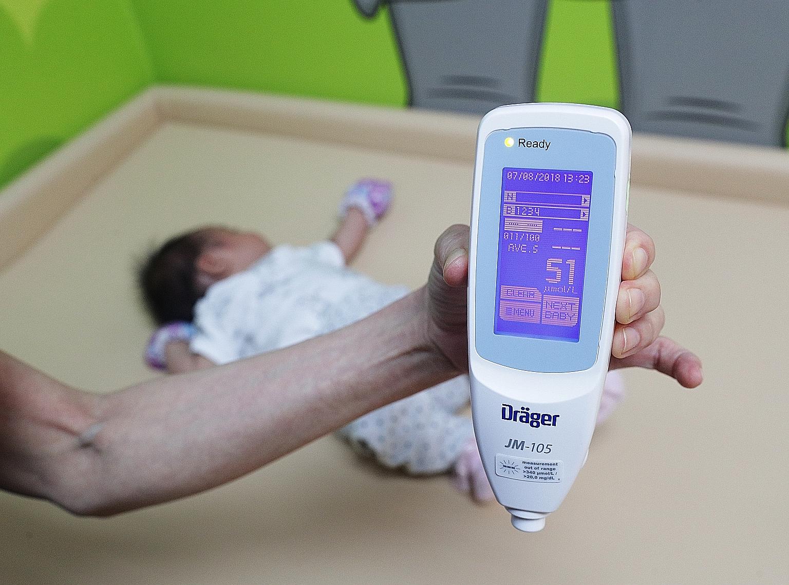 Baby Erina Irwan was screened for jaundice with a transcutaneous bilirubinometer. The new technique is cheaper than the traditional heel prick test, equally accurate and delivers results in a fraction of the time.
