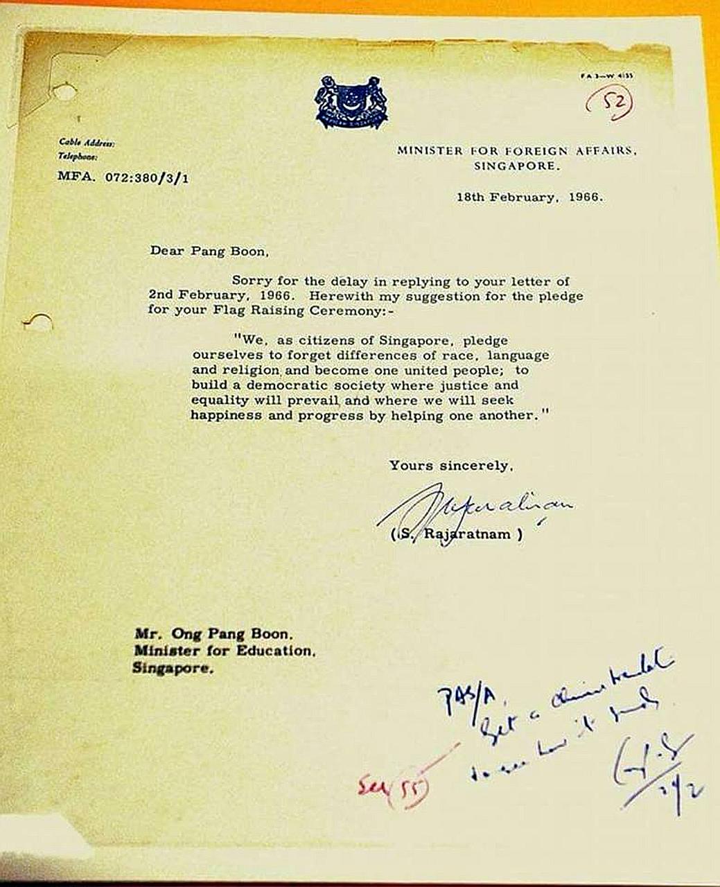 The third draft of the National Pledge went through another round of revisions by the Education Ministry and then Prime Minister Lee Kuan Yew before it was approved by the Cabinet in August 1966.