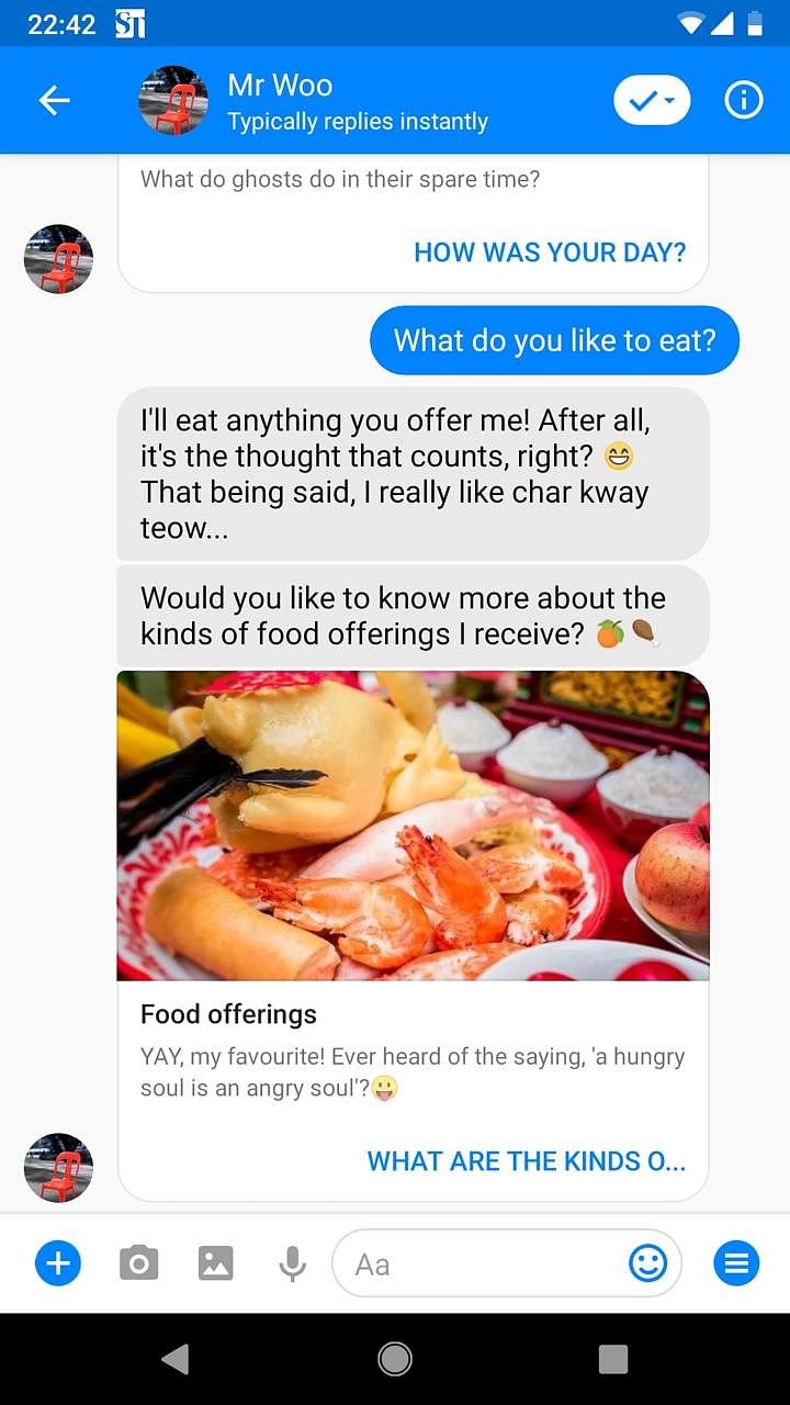 MCCY's Hungry Ghost chatbot Mr Woo will answer your burning questions about the festival via Facebook or Facebook Messenger until Sept 9, when the festival ends.