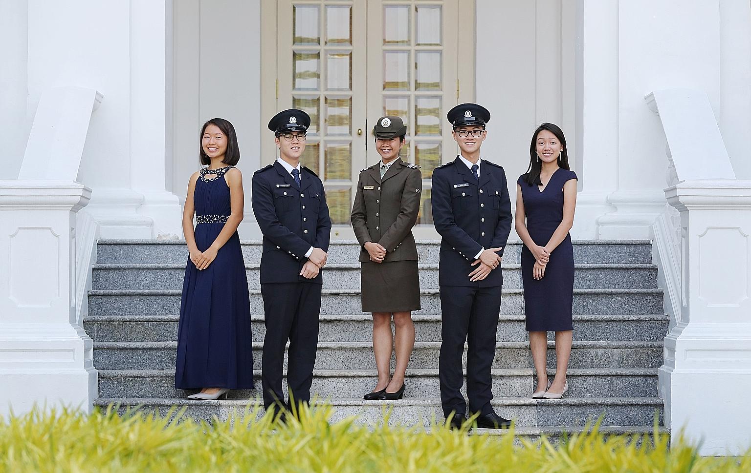 This year's President's Scholars are (from far right) Ms Tan Xin Hwee, Mr Alden Tan Ming Yang, Ms Sharmaine Koh Mingli, Mr Stefan Liew Jing Rui and Ms Shi Peng Yi Penny. Ms Koh is also a Singapore Armed Forces Scholarship recipient, while Mr Tan and 