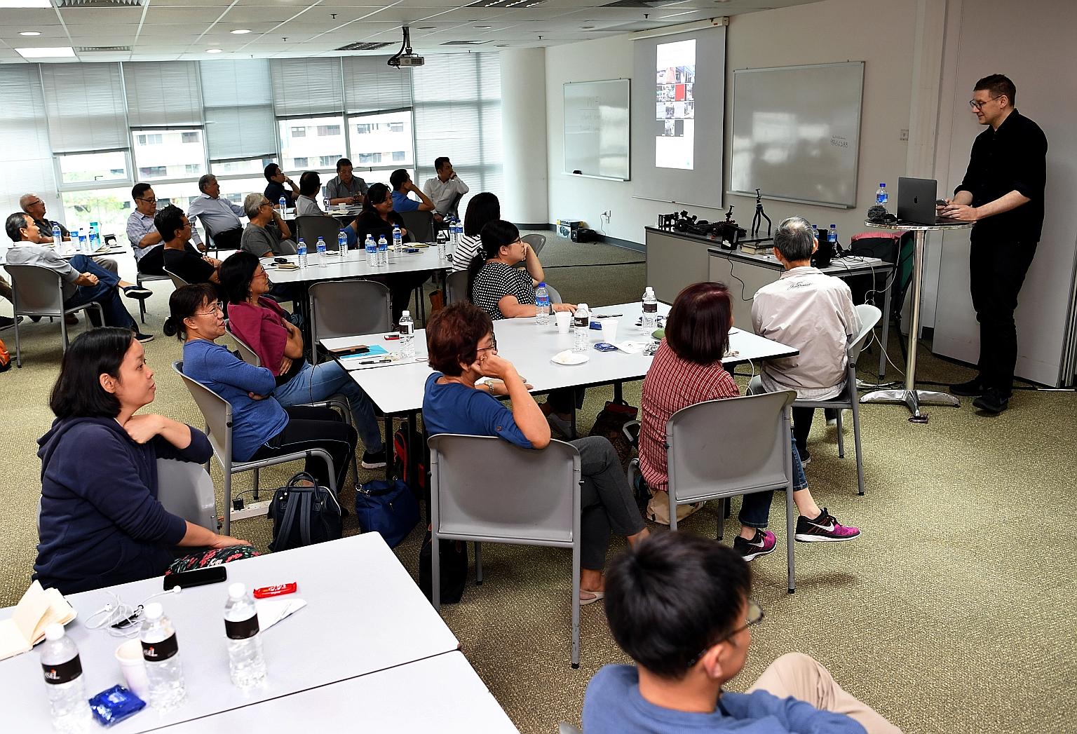 Stirr editor Jonathan Roberts speaking to the 29 participants at The Straits Times' first mobile video masterclass. The participants were taught how to plan, shoot and edit videos with their mobile phones. Two more sessions slated for next month and