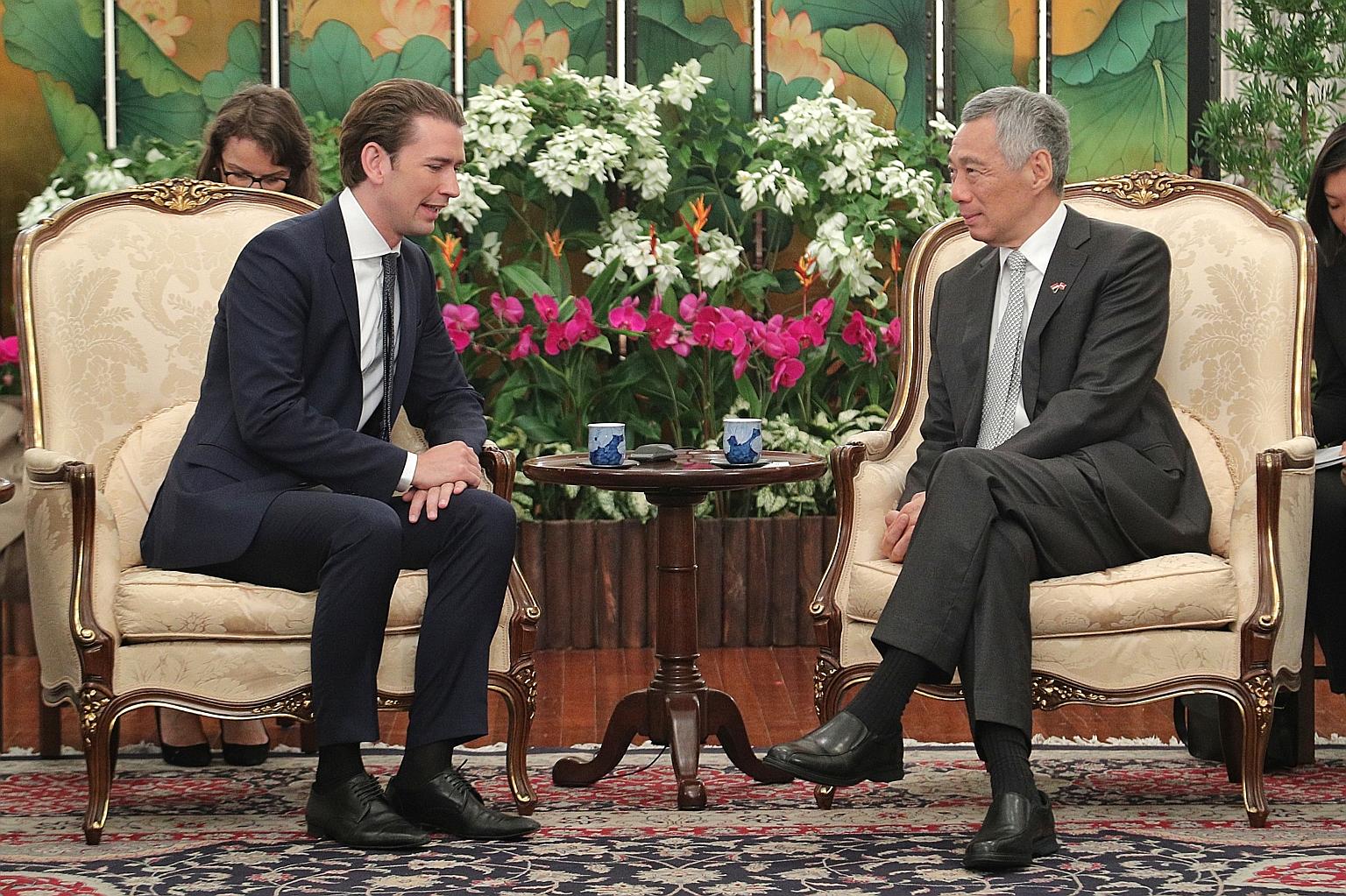 Austrian Chancellor Sebastian Kurz meeting Prime Minister Lee Hsien Loong at the Istana yesterday. Both leaders said Austria and Singapore could boost cooperation and strengthen ties between Europe and South-east Asia in the course of Austria's EU pr