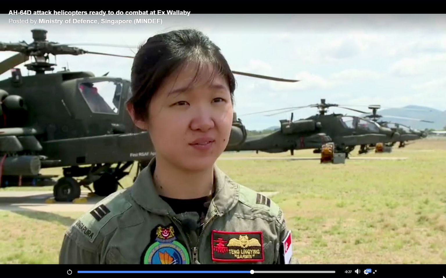 Captain Teng Ling Ying in a Ministry of Defence video in 2013, where she introduced herself as an Apache pilot in 120 Squadron. She was redeployed as an air warfare officer in January last year.