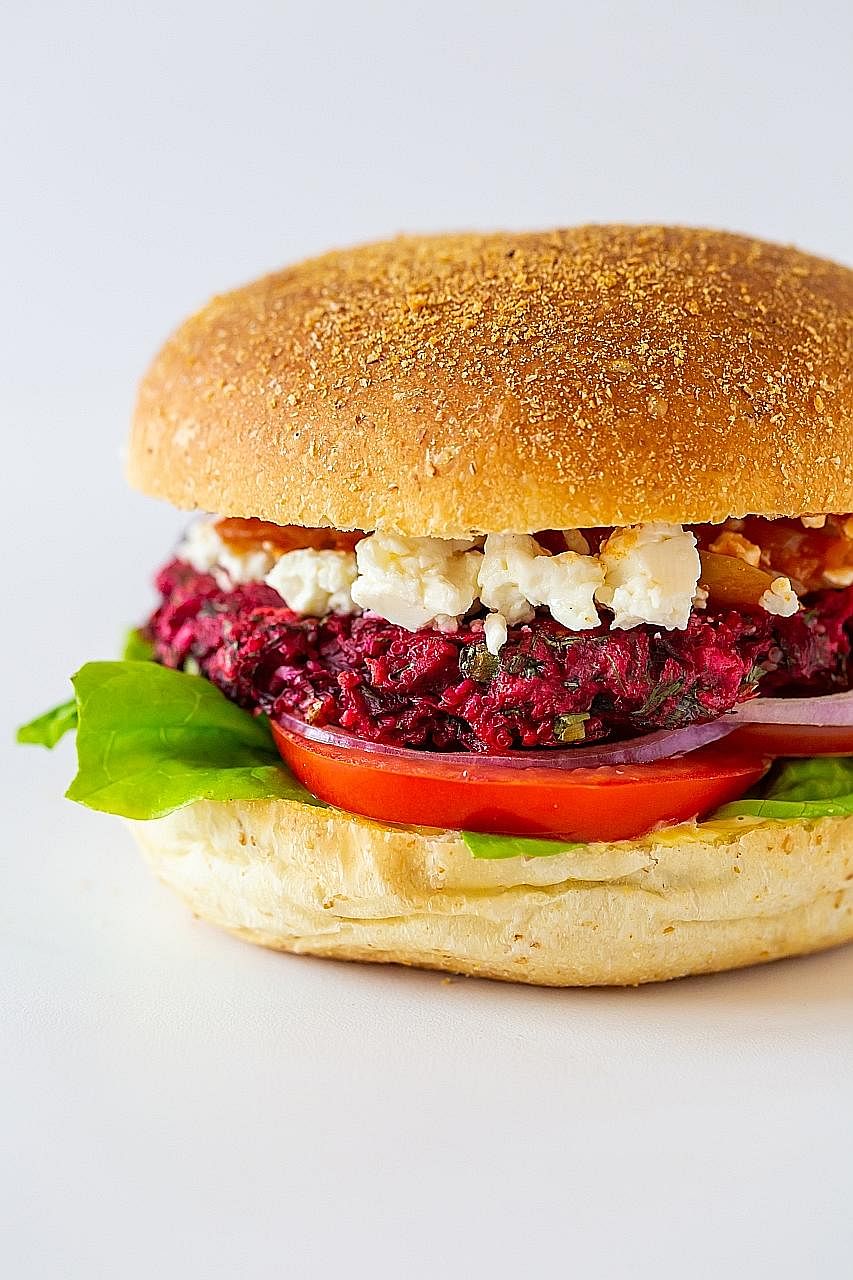 The best-selling burgers at plant-based burger joint VeganBurg are its Creamy Shrooms (left) and Smoky BBQ with added vegan bacon. Mo & Jo Sourdough Burgers' Goddess burger has a beetroot and quinoa patty. The Quad Fatburger has four beef patties. Wh