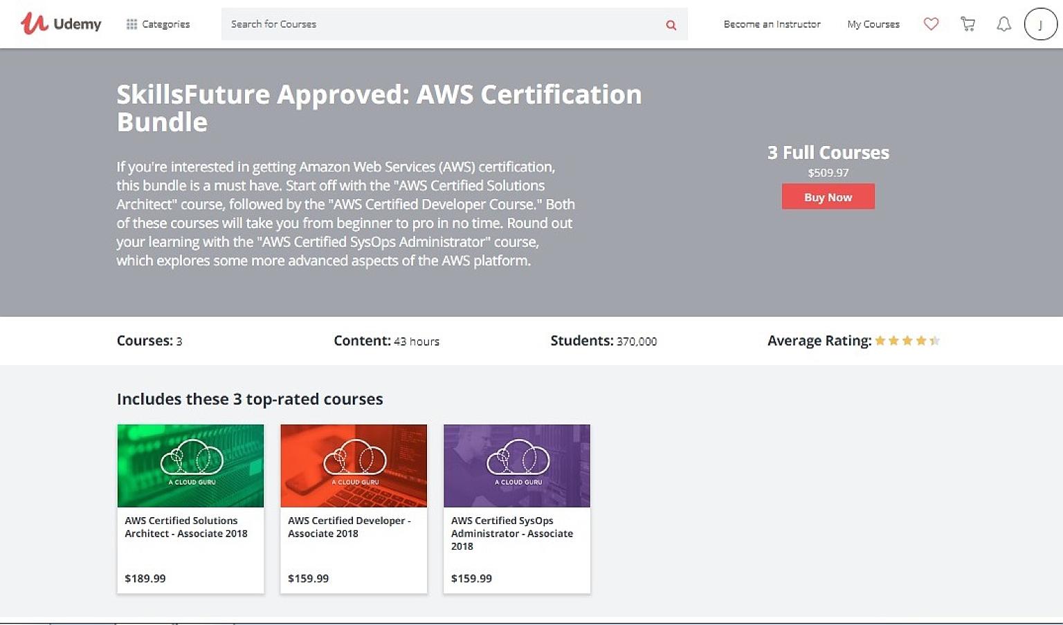 A screenshot of Udemy's website showing the SkillsFuture-approved AWS (Amazon Web Services) Certification Bundle course priced at $509.97. The portal had a promotion earlier that had offered the same three courses in the bundle for just $17.99 each.