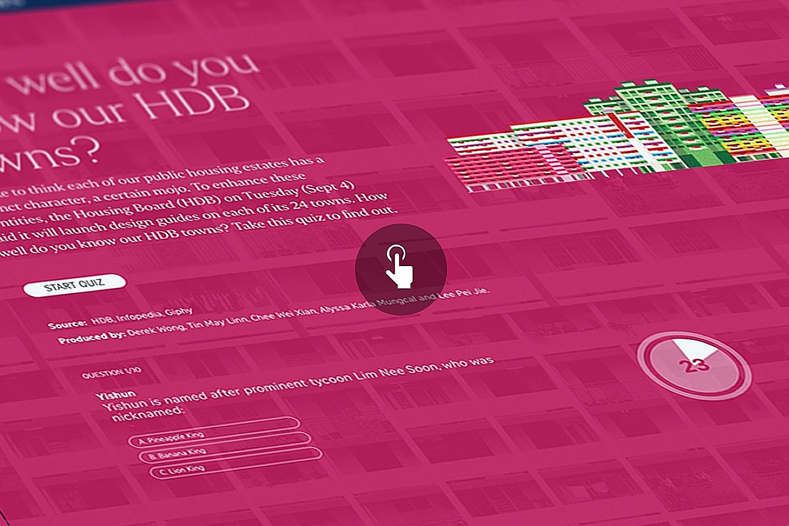 To play the interactive quiz by The Straits Times, answer multiple-choice questions about 10 HDB estates here - from Toa Payoh to Marine Parade.