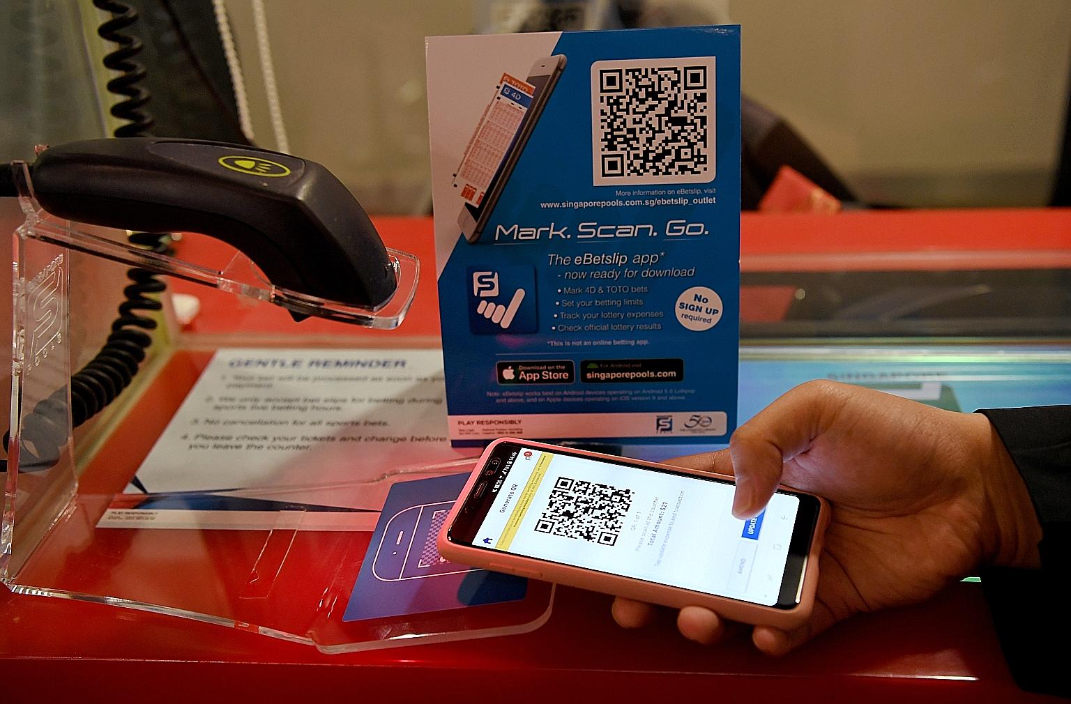 A unique QR code will be generated after an e-betting slip is marked out. Punters can scan the code at Singapore Pools outlets for a physical betting ticket after making payment. Scanning services for the QR codes are available at 25 Singapore Pools