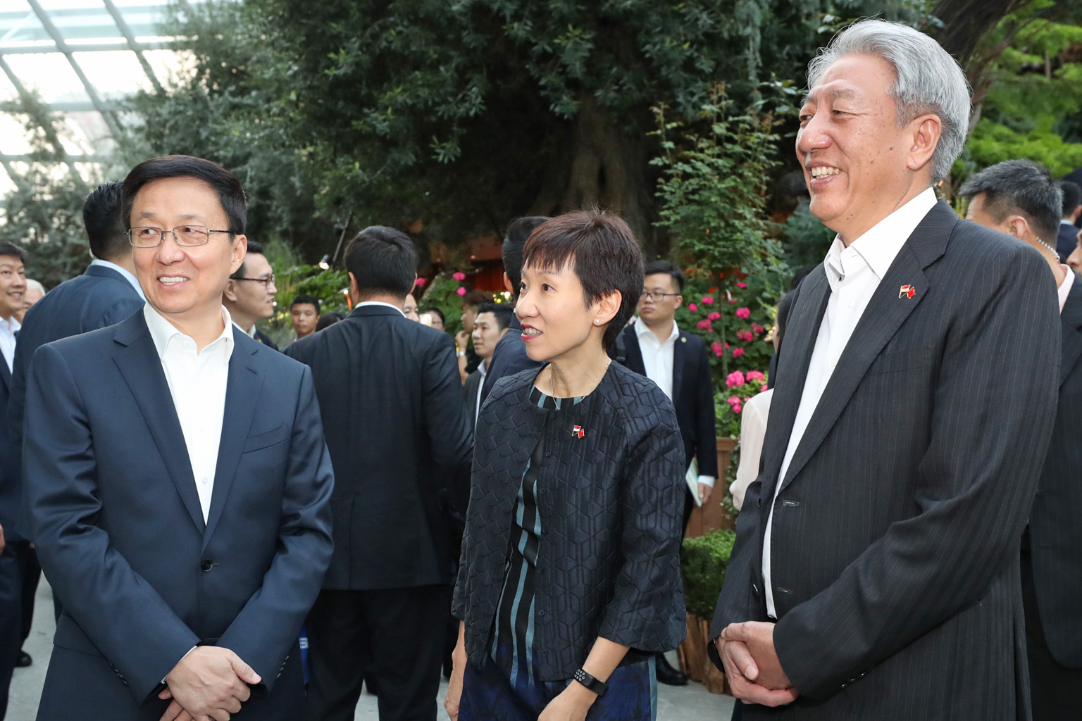 (From left) Chinese Vice-Premier Han Zheng, Minister for Culture, Community and Youth Grace Fu and Deputy Prime Minister Teo Chee Hean at the Gardens by the Bay yesterday, where Mr Han was hosted to dinner by DPM Teo.