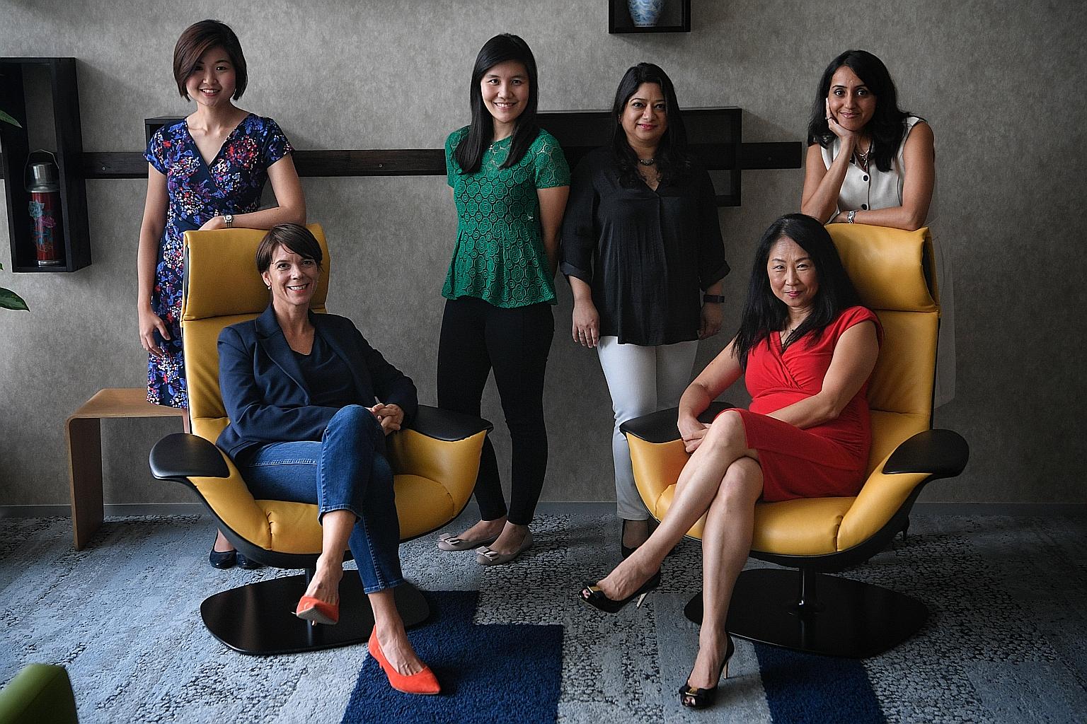 SAP employees (from left) Wang Libin, Vicky Windsor, Erica Sutedja, Bipasha Dowerah, Lu Hongwei and Tina Bhatia have taken part in either the Four-Week Phased Integration Back to Work initiative or Back-to-Work programme offered by the software firm 
