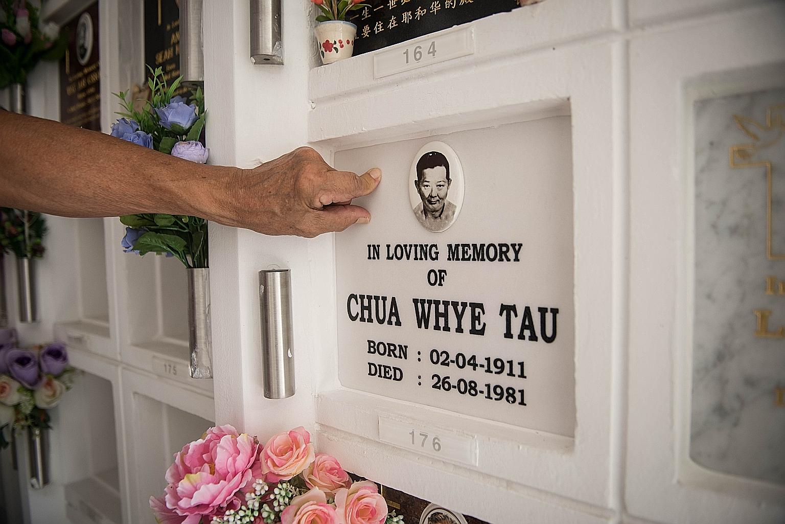 The relocated niche of the late Mr Chua Whye Tau at Choa Chu Kang Columbarium. The NEA said that after receiving a query from a family, it sent samples for lab tests and ascertained that about 8,600 niches, out of the 13,000 that had been relocated, 