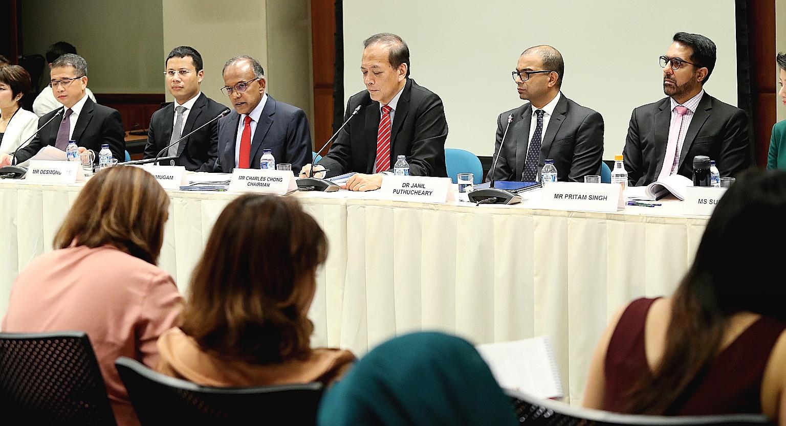 Workers' Party chief Pritam Singh (far right) at a press conference held by the Select Committee on Deliberate Online Falsehoods last Thursday. With him are committee chairman Charles Chong (left) and fellow committee member Janil Puthucheary. The co