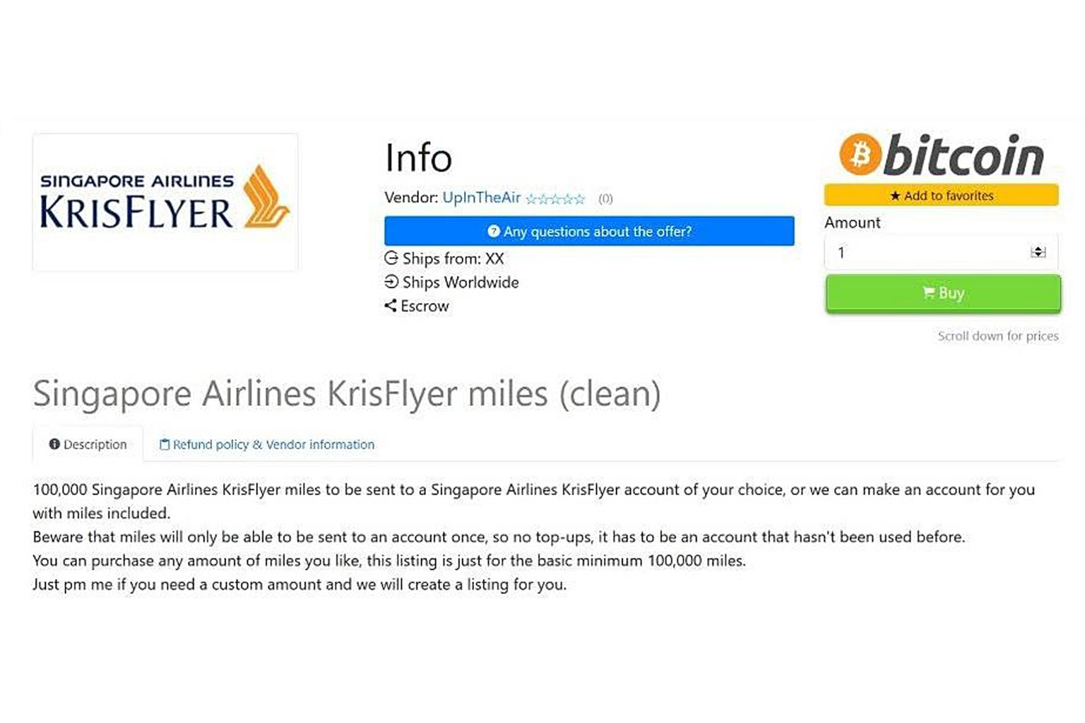 A screen capture of a Dark Web marketplace advertisement selling stolen frequent flier miles. The listings discovered by researchers offer miles for different membership programmes, including those under Singapore Airlines' KrisFlyer programme.