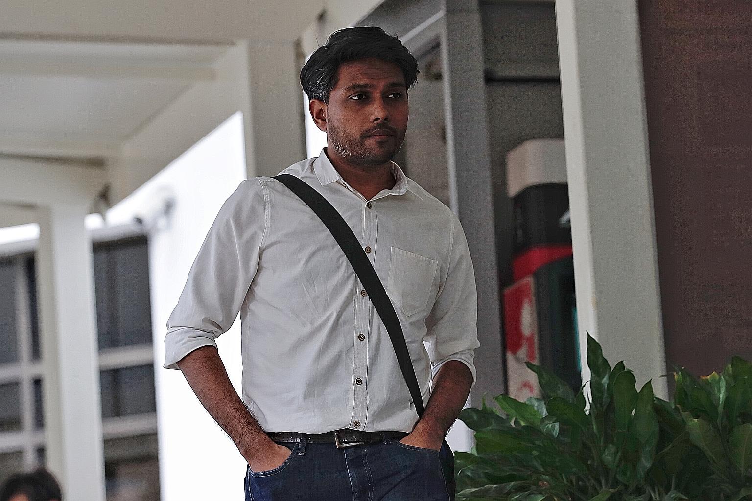 Artist Seelan Palay at the court on the second day of his trial yesterday. The activist denied that his performance last October was to commemorate the detention of long-time political detainee Chia Thye Poh.