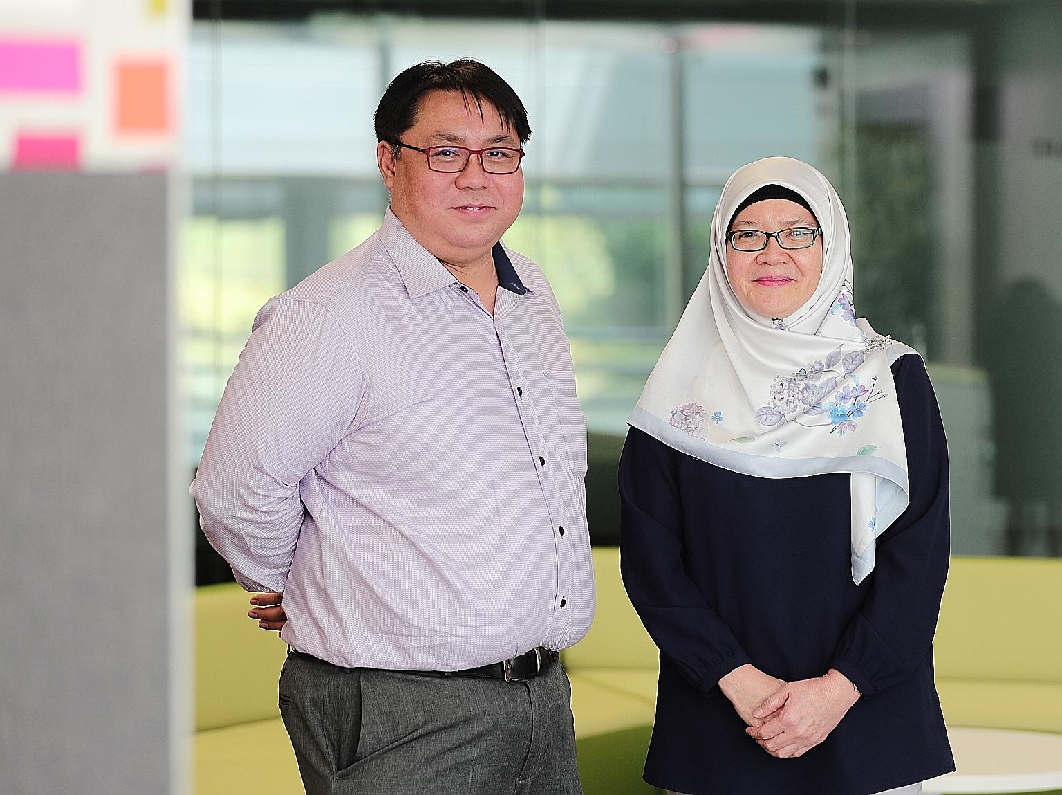 Henry Park Primary principal Martin Koh and Anchor Green Primary principal Norliza Rahim, whose schools have done away with continual assessments in favour of smaller assessments like topical tests or quizzes.
