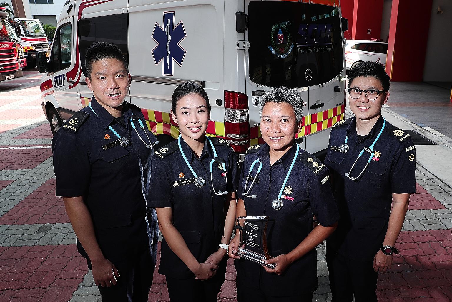 The winning SCDF team is made up of (from left) Warrant Officer Zane Ang, Warrant Officer Naomi Wee, Lieutenant Noraini Kasbani and Staff Sergeant Jason Kwek. They beat five teams in the competition held in Australia.