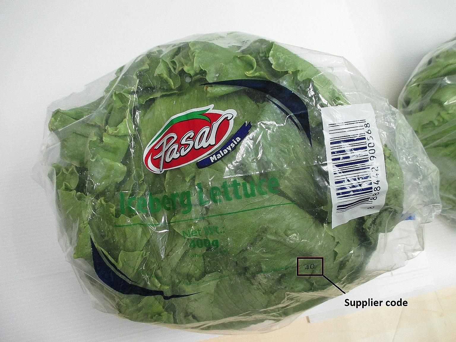 The lettuce is sold under the brand name Pasar with supplier code 40 at FairPrice. At Sheng Shiong, it is sold under the name Iceberg.