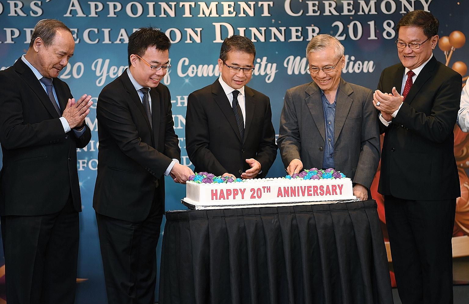 (From left) Community Mediation Unit adviser Lim Lan Yuan, Law Ministry Deputy Secretary Han Kok Juan, Senior Minister of State for Law and Health Edwin Tong, Community Mediation Centre chairman Ho Peng Kee, and executive master mediator Eric Wong at