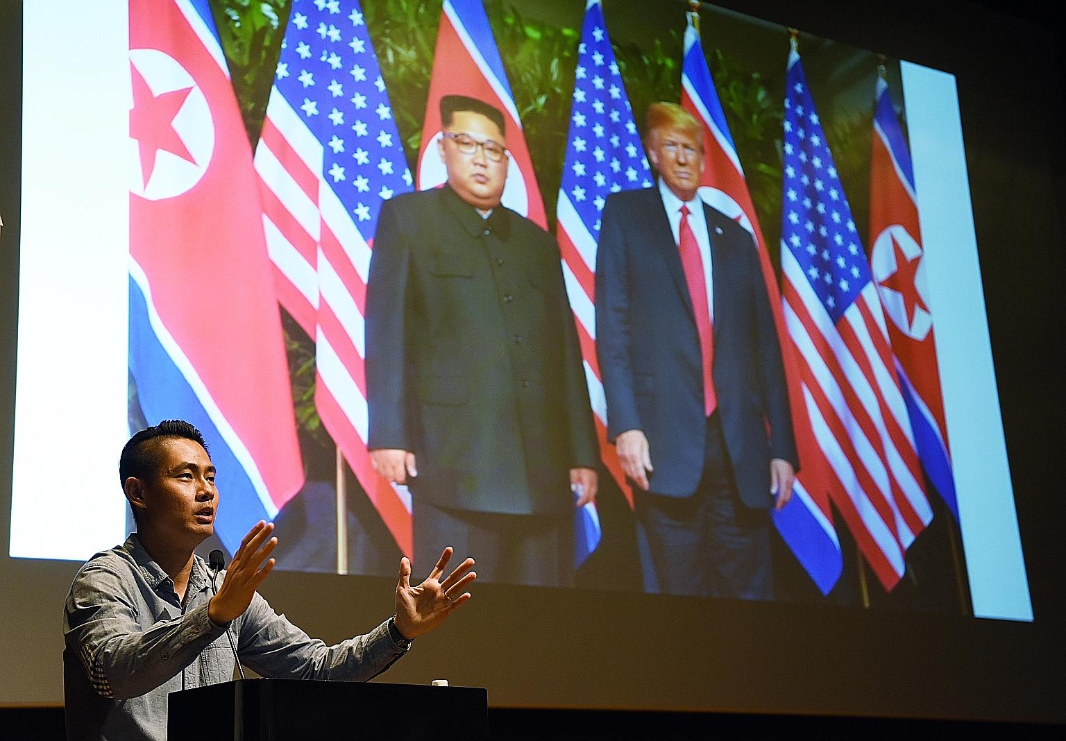 ST photojournalist Kevin Lim yesterday gave a behind-the-scenes account of how he covered the historic Trump-Kim summit in June, at the second of a series of four weekends of talks by The Straits Times and World Press Photo award-winning photojournal