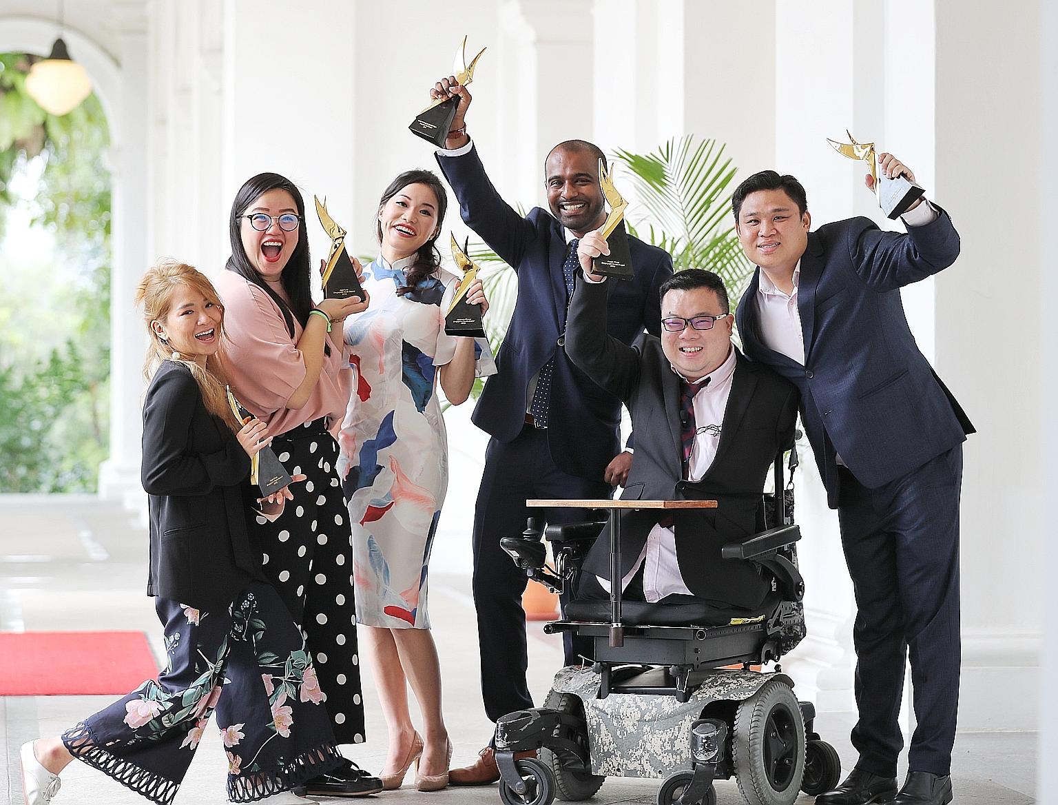 (From far left) Musician Inch Chua; Lien Foundation co-lead of early childhood development Jean Loo; state counsel Amanda Chong; surgeon Hamid Rahmatullah; para-athlete Jason Chee; and Pope Jai founder Daniel Teh after receiving their awards yesterda