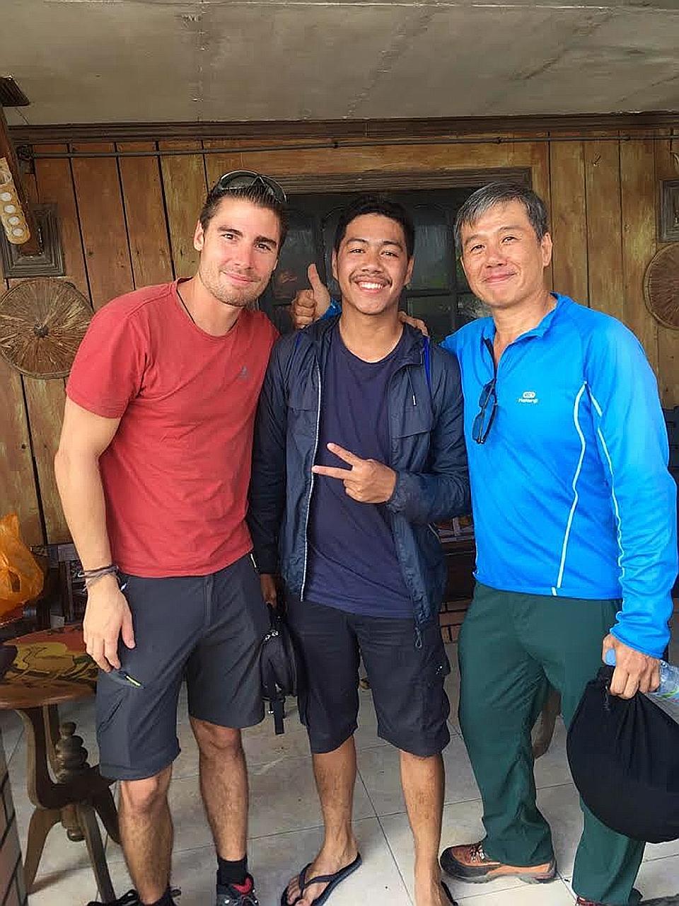 (From left) Mr Francois de Neuville with Mr Gleen Mononutu, who died in the Palu quake, and Mr Ng Kok Choong, whose body was found on Tuesday. The trio called themselves The Happy Flyers.