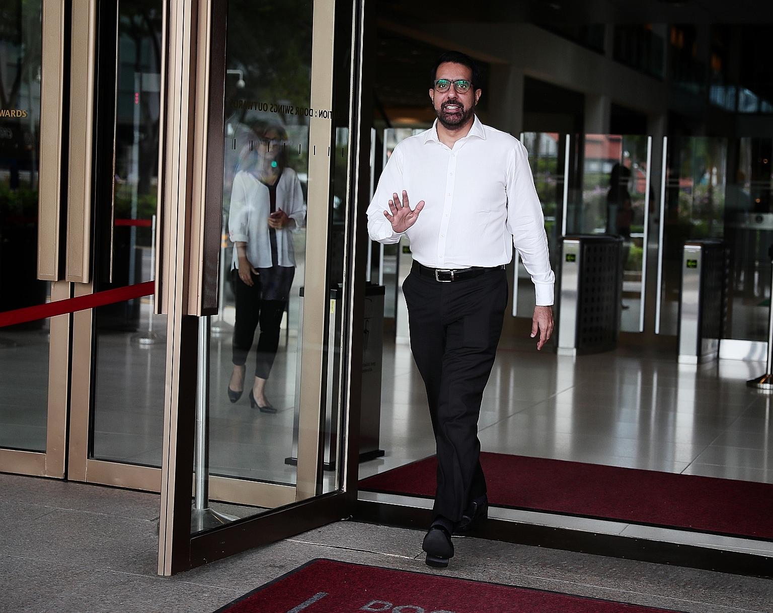 Workers' Party chief Pritam Singh leaving the Supreme Court on Wednesday. Yesterday was his first and only day on the stand. He is the third defendant in the ongoing civil suit over alleged improper payments made by AHTC town councillors to FMSS and 