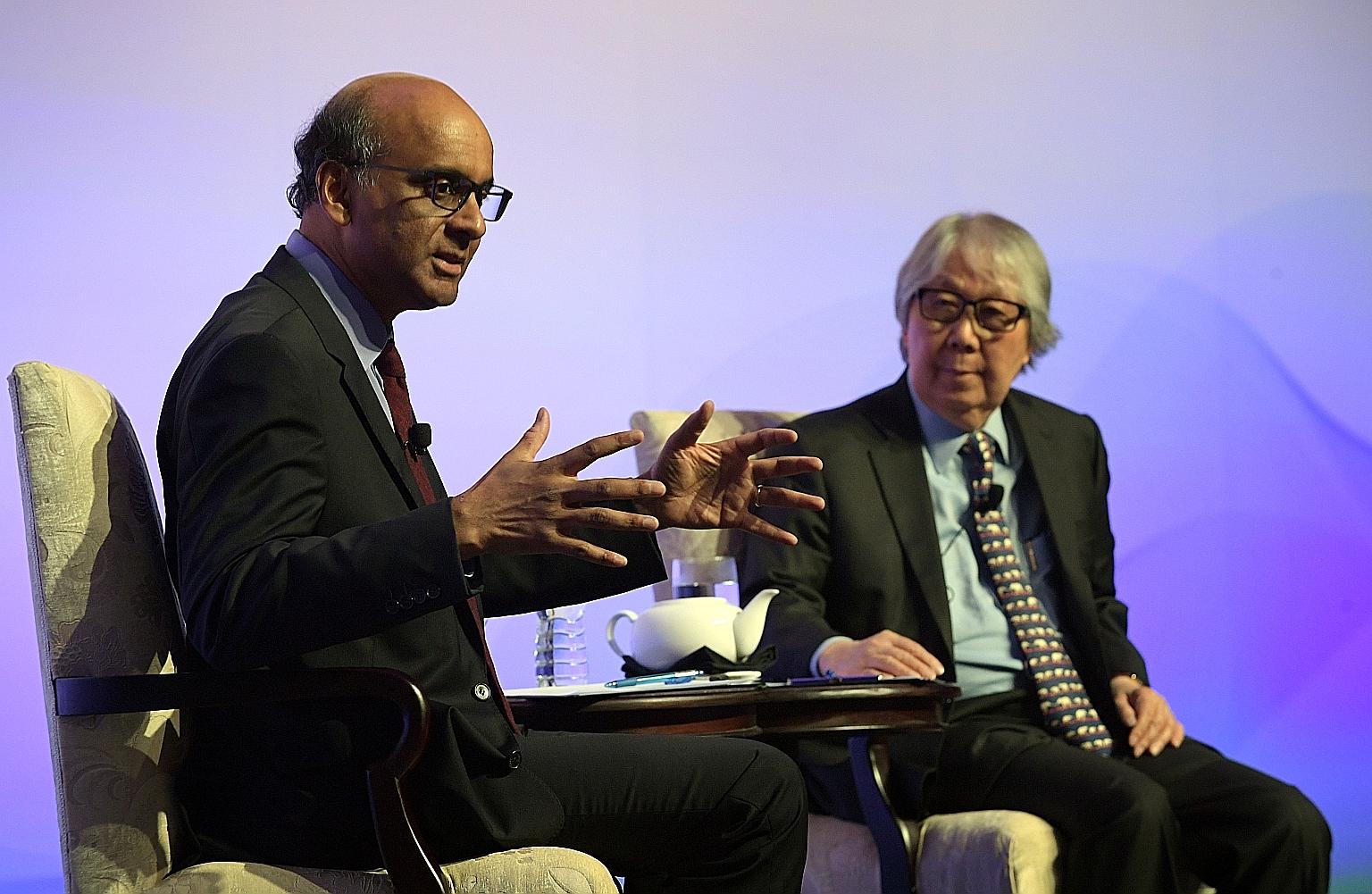 Deputy Prime Minister Tharman Shanmugaratnam at a dialogue last night moderated by Ambassador-at-large Tommy Koh at the Institute of Policy Studies' 30th anniversary dinner.