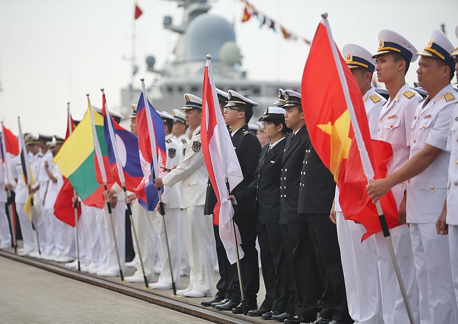 The closing ceremony of the Asean-China Maritime Field Training Exercise yesterday at Ma Xie Naval Base in Zhanjiang, China.