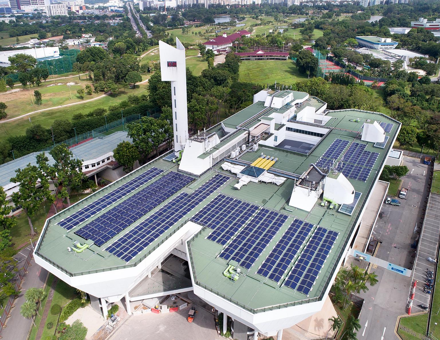 An aerial view of the solar panels on JTC's Jurong Town Hall rooftop. The panels are part of JTC's SolarRoof programme, which allows power to be pumped into the national grid from solar panels on the rooftops of the agency's buildings.