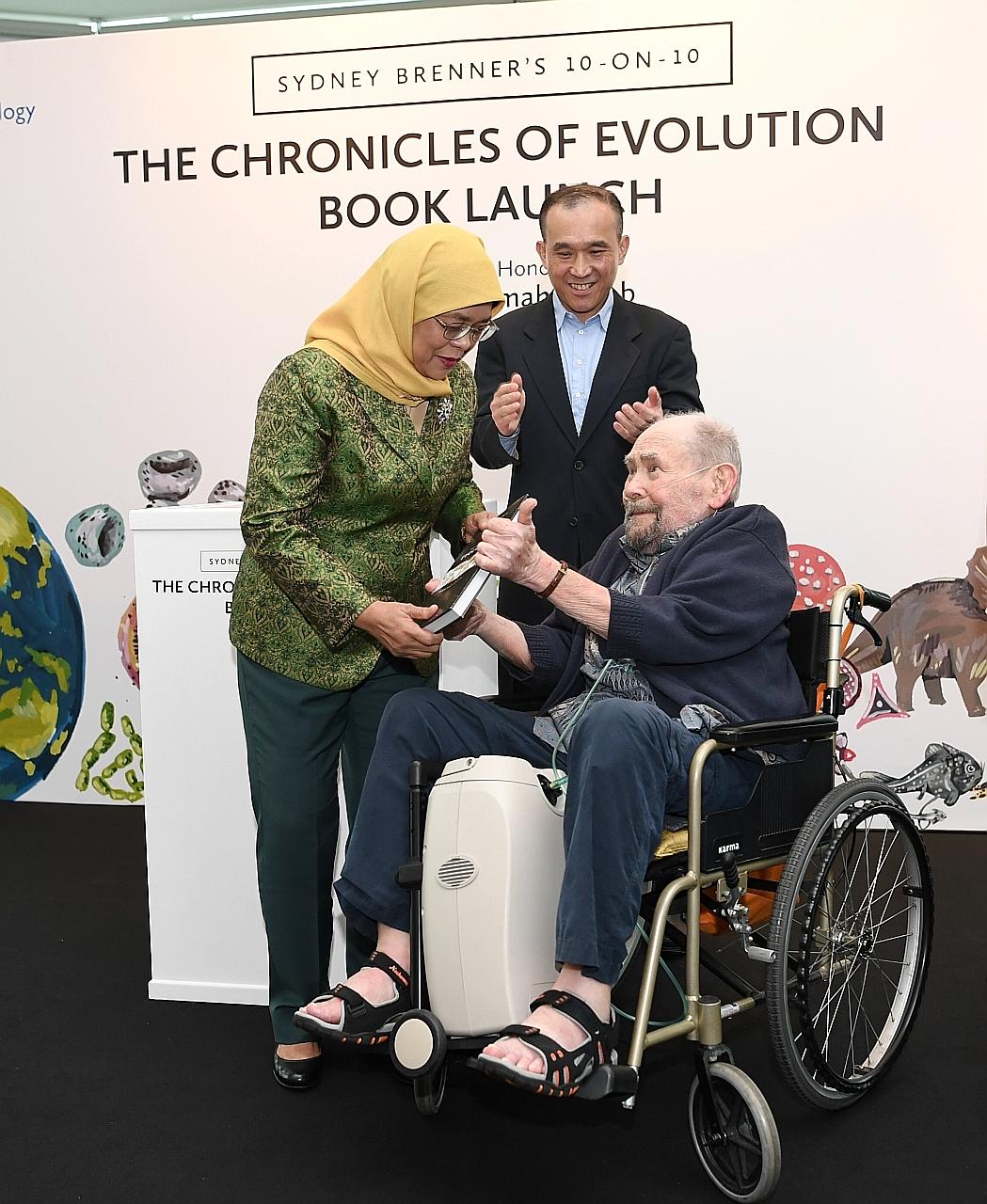 President Halimah Yacob and A*Star chairman Lim Chuan Poh at the book launch of Sydney Brenner's 10-On-10: The Chronicles Of Evolution, the brainchild of Nobel laureate Sydney Brenner.