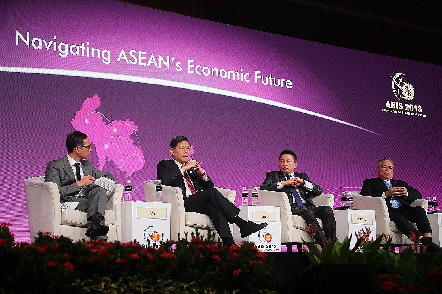 (From left) Moderator Simon Tay, chairman of the Singapore Institute of International Affairs; Trade and Industry Minister Chan Chun Sing; Malaysian Minister of International Trade and Industry Darell Leiking; and Philippine Trade and Industry Secret