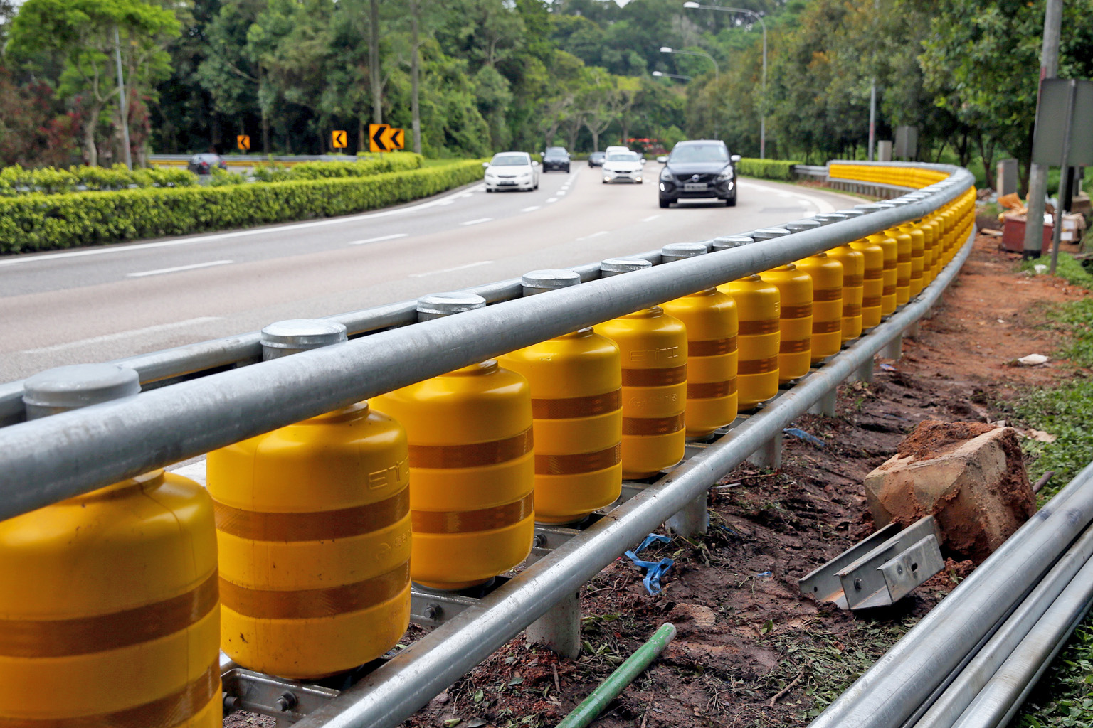They may look strange but these new guardrails, called a rolling barrier system, help to absorb and deflect impact from a motor vehicle upon collision. This system of guardrails was spotted along a slip road leading to the Bukit Timah Expressway in t