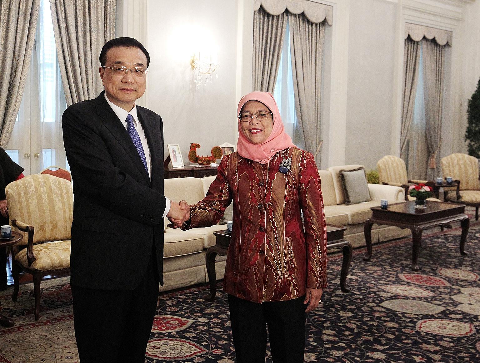 Chinese Premier Li Keqiang, who is on an official visit to Singapore, met President Halimah Yacob yesterday. In a joint statement, Singapore and China said they would build on the foundations laid by past generations of leaders from both sides and ma