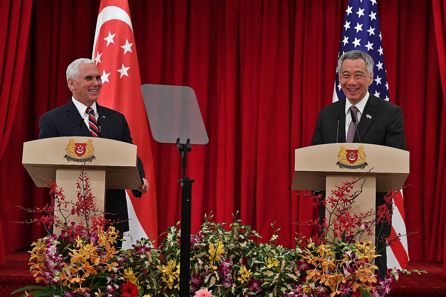 Prime Minister Lee Hsien Loong and US Vice-President Mike Pence speaking at a media conference at the Istana yesterday. They agreed that there were more ways for Singapore and the US to work together.