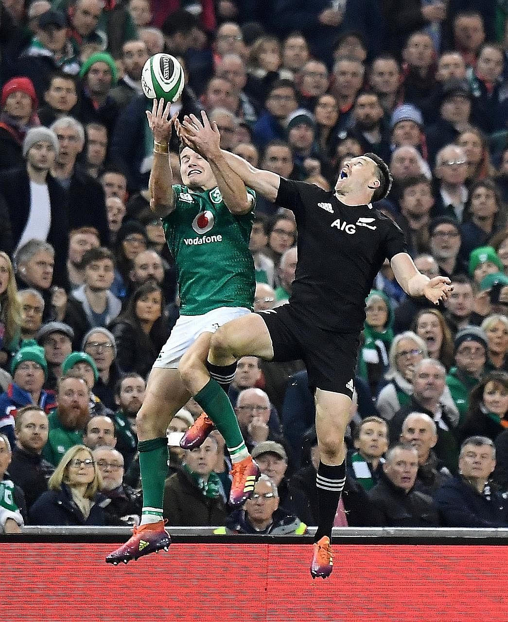 Jacob Stockdale jumping for the ball with All Blacks' wing Ben Smith. Ireland beat the world champions for the first time at home on Saturday, by 16-9, with Stockdale scoring the decisive try.