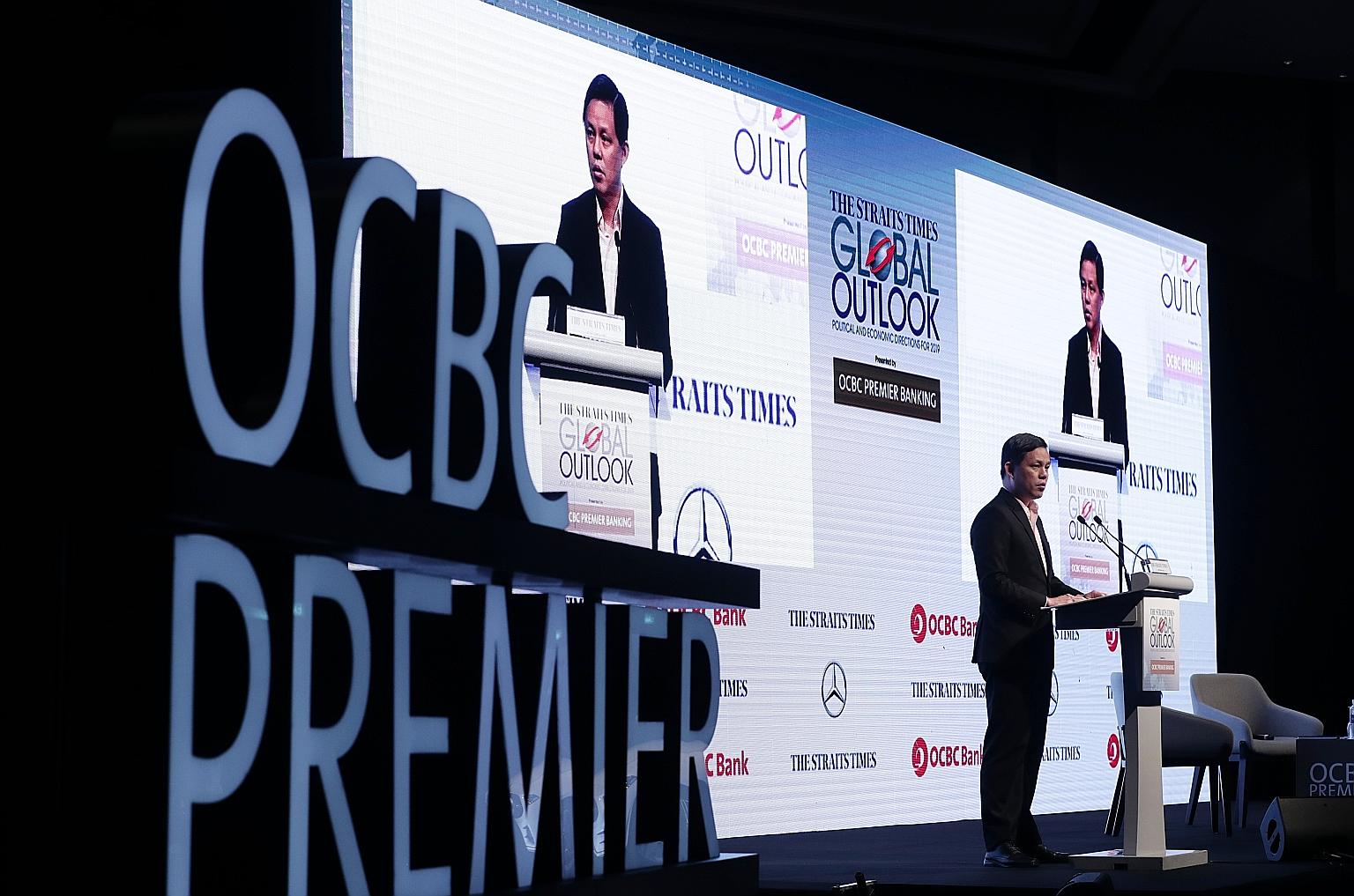 Trade and Industry Minister Chan Chun Sing making opening remarks at The Straits Times Global Outlook Forum yesterday. During a dialogue at the forum, he said Singapore can add value as a springboard to the region only "if our people have a deep sens