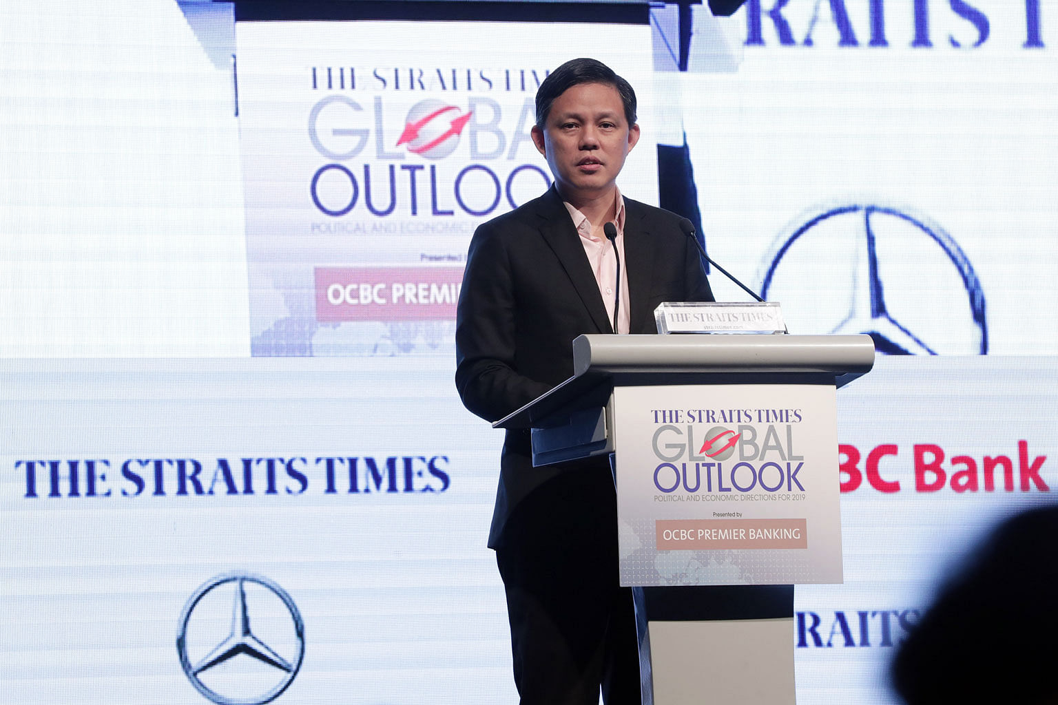 Trade and Industry Minister Chan Chun Sing giving the keynote address at The Straits Times Global Outlook Forum held at Raffles City Convention Centre yesterday. He says globalisation will bring forth its fair share of challenges and opportunities, a