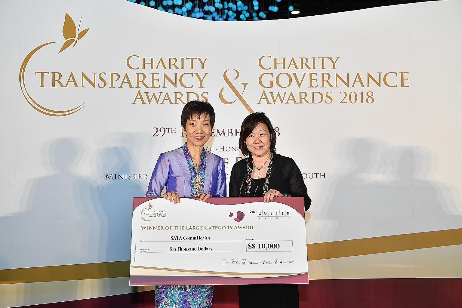 Minister for Culture, Community and Youth Grace Fu (far left) presenting the Charity Governance Award for charities in the large category to Ms Theresa Goh, chairman of Sata CommHealth, at yesterday's award ceremony.