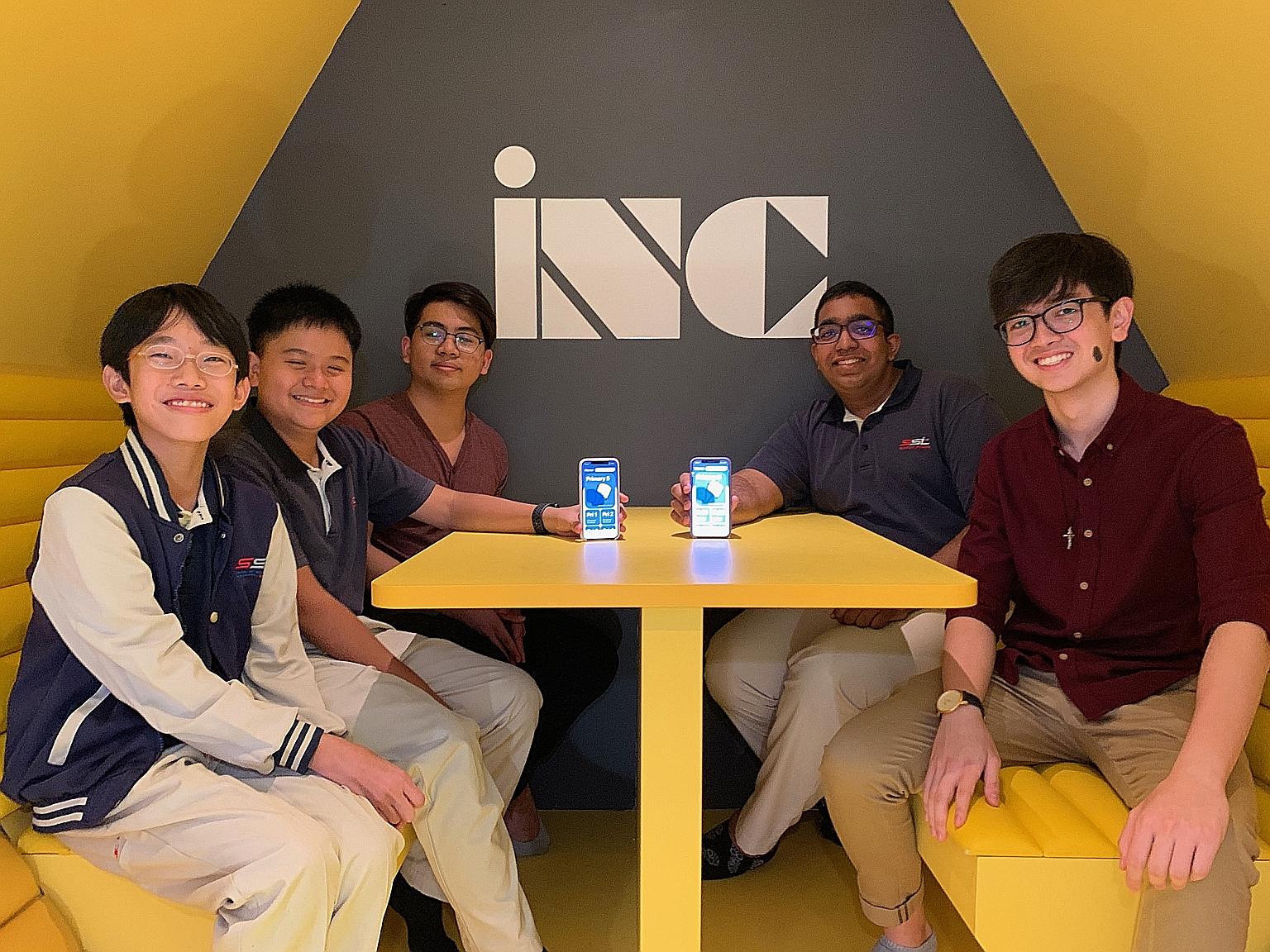 Young app developers (from left) Yee Jia Chen, Axios Yeo, Dalton Ng, Shannen Rajoo and James Lim. They are from the School of Science and Technology, Singapore, which aims to nurture innovators who improve society through real-world application of sc