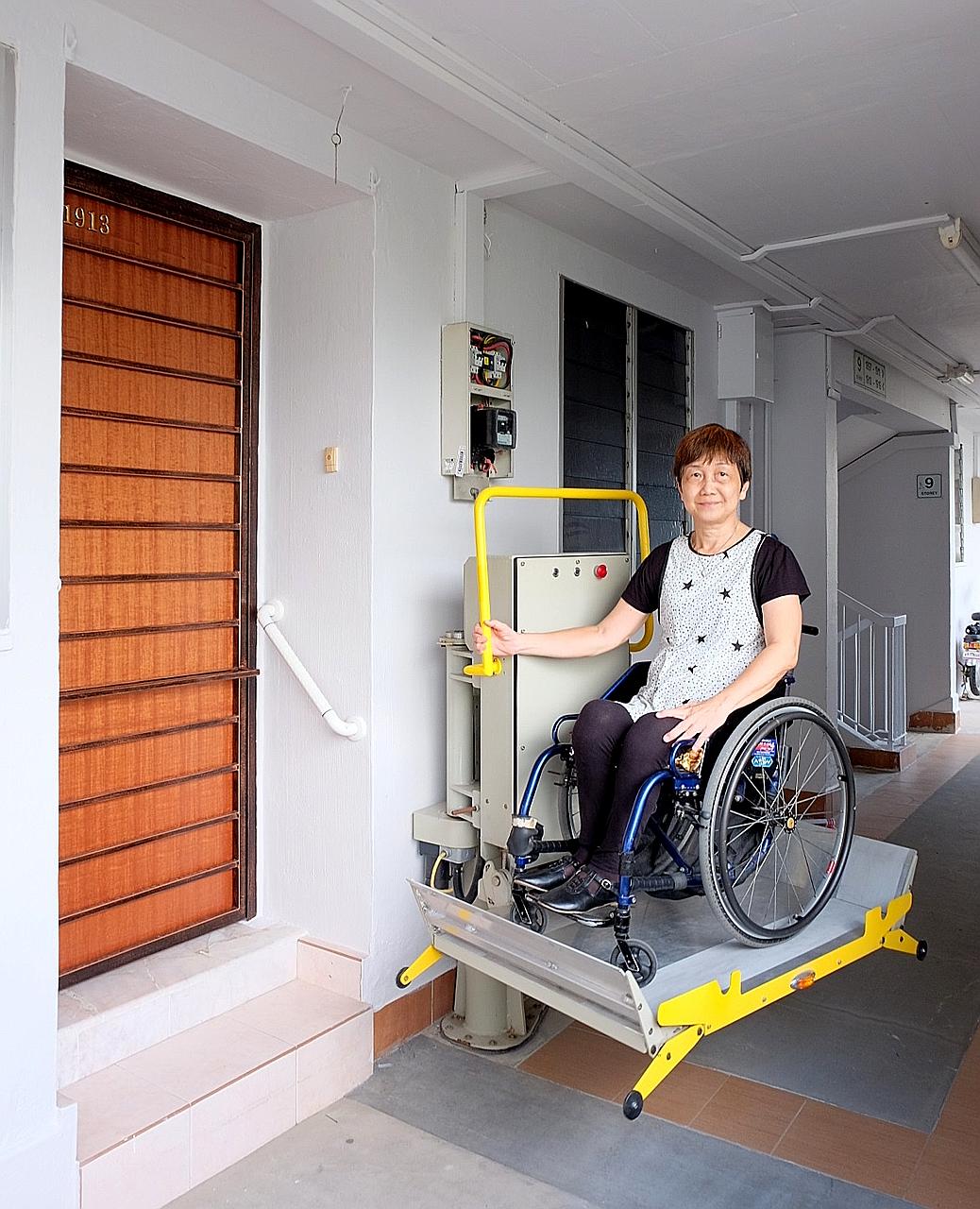 Retired administrative assistant Florence Tan was one of the first few to get a mechanical wheelchair lifter, as part of a test bed in 2015. It has made getting in and out of her flat, which has steps at the entrance, much easier.